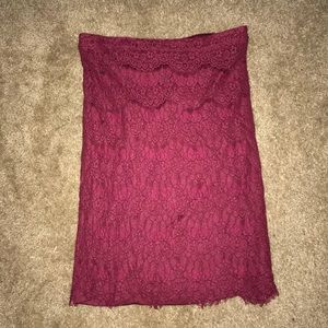F21 burgundy lace midi pencil skirt